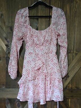 Blue Rain Pink Dress with Red Heart Print